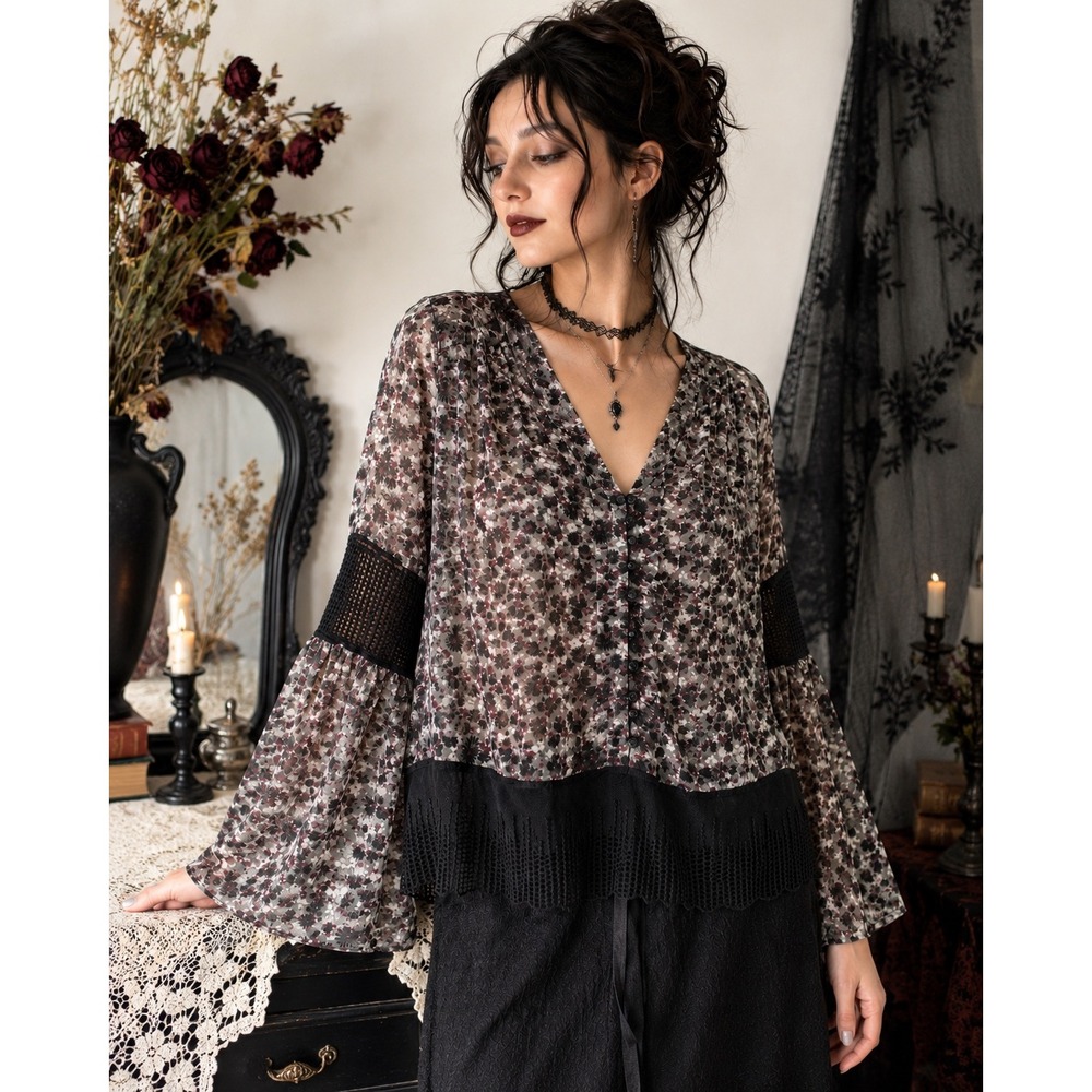 Forever 21 Blouse Floral Bell Sheer Sleeve Black Small Boho Crochet Lace Top